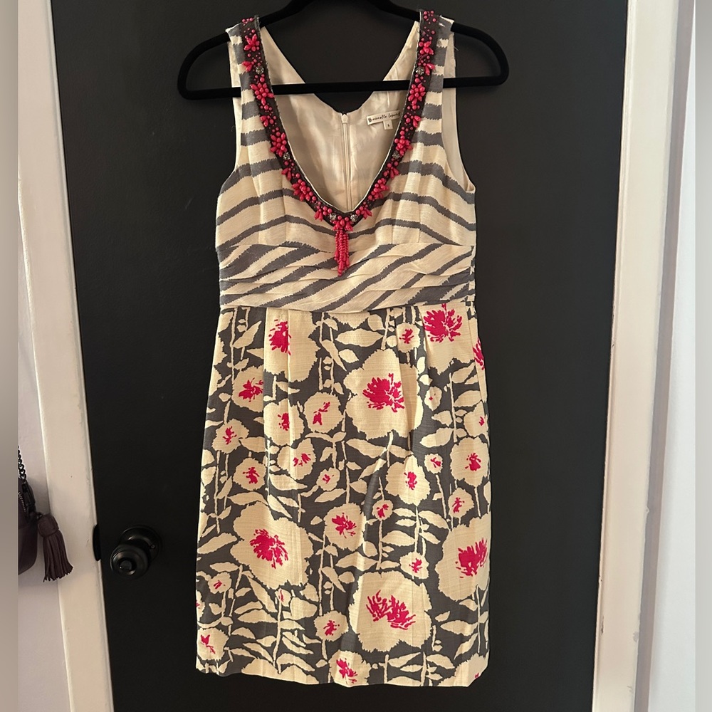 vintage Nanette Lepore shift dress - linen and silk - cream grey hot pink - sz 6
